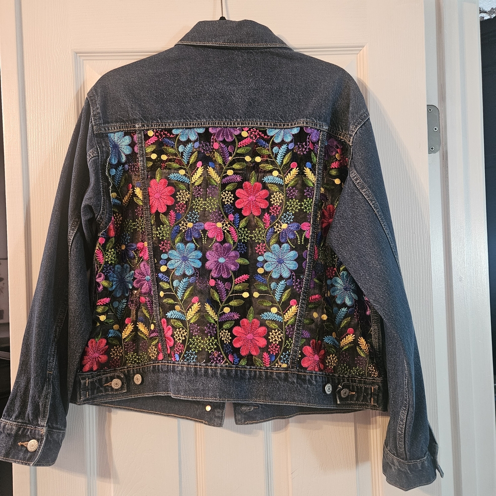 Embroidered Floral Denim Jacket - Blue - Picture 2 of 12